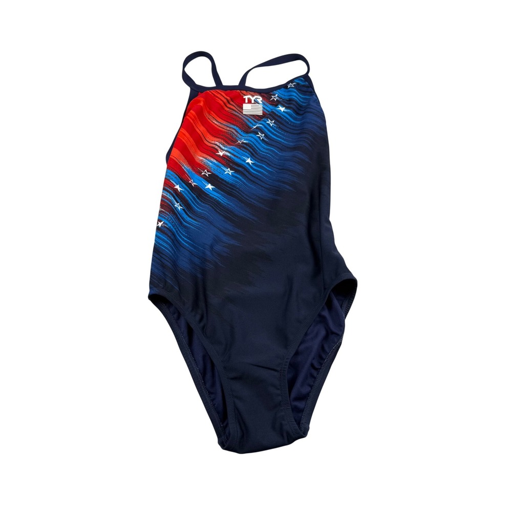 TYR Womens M 34 One Piece Swimsuit Navy Red White USA Durafast Elite‎  NWT